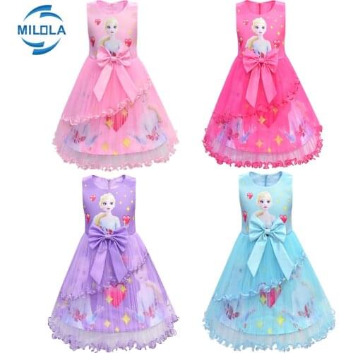 Disney Elsa Anna Frozen Girls Kid Ball Gown Princess Dress Bow Knot Cute Rainbow Party Birthday Gift Cosplay Costume Clothes