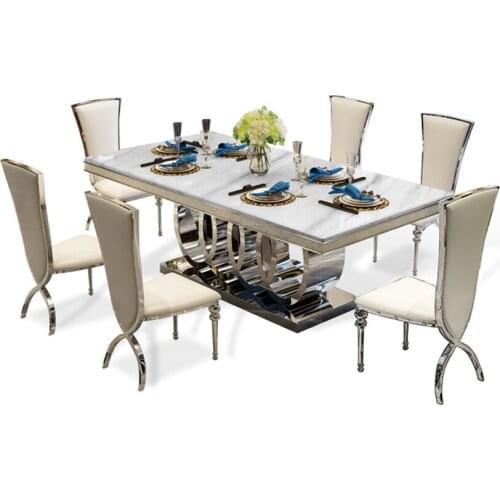 Designer unique new stainless steel golden dining room set with marble table and 6 leather chairs mesa de jantar muebles comedor