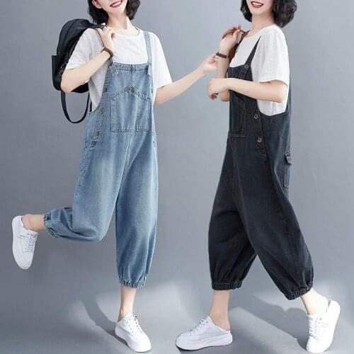 Retro High Waist Denim Bib Women 2021 Slim Korean Pants Jeans Loose Harem Overalls Student Bloomers Jumpsuit Trousers