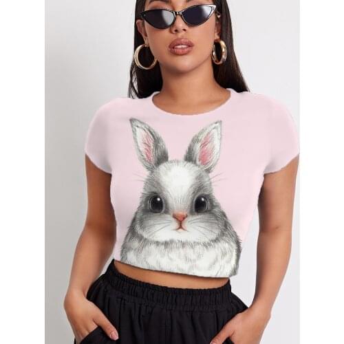 3d Tshirt Rabbit T-shirt Women Animal Shirt Print Lovely Funny T shirts Harajuku Navel Bare Womens Clothing Punk Rock Short Slim