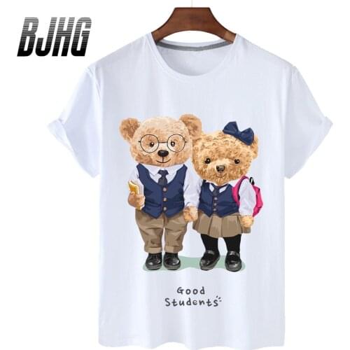 100% Cotton Couple Bear Short-sleeved T-shirt Female Half-sleeved Loose Summer Casual Oversized T-shirt Male Shirt S-4xl