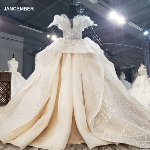 HTL1585 Luxurious And Elegant Wedding Dresses 2020 Crystal O-Neck Bead Ball Gowns Lace Up Short Sleeveсвадебное платье короткое