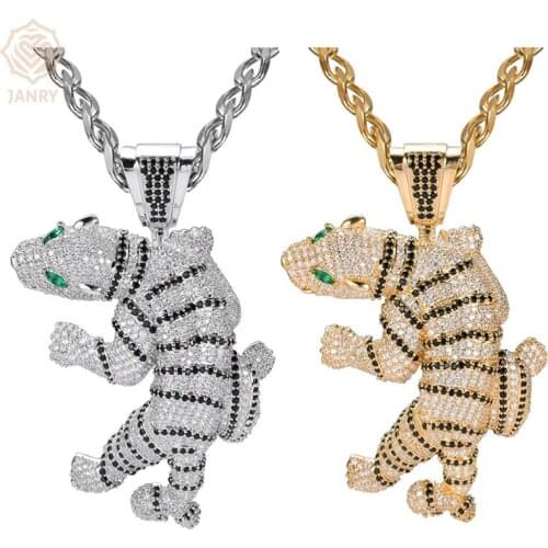 JANRY 3D Exaggerated Ferocious Agate Eyes Tiger Pendant Necklace Micro-inlaid Zircon Male Hip Hop Necklace With 70cm Chain