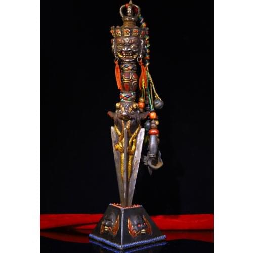 17" Tibet Temple Collection Old Tiantie Tracing mosaic Gem Skull head Three-sided Mahakala Dorje Vajra Phurpa Town House