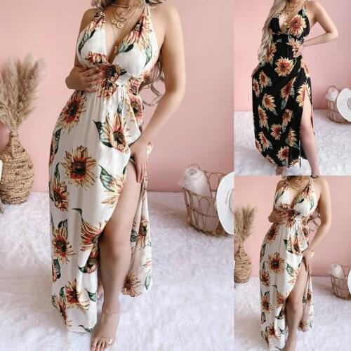 2021 summer Bohemian printed sunflower Halter vest dress