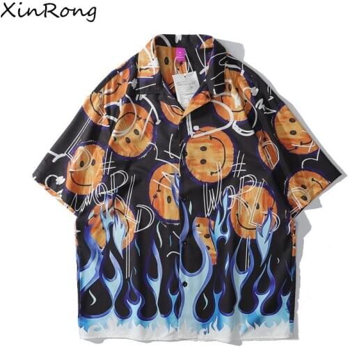 Mens and womens short-sleeved shirt spring and summer new smiley face flame printing high street hip-hop fashion couple shirts