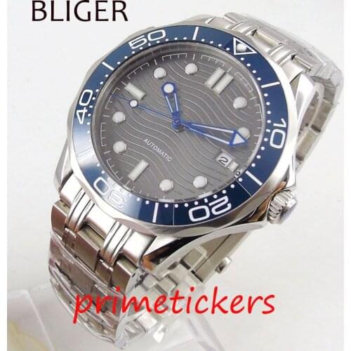 Mechanical mens watch 41mm sapphire glass gray dial blue ceramic bezel stainless steel bracelet date indicator