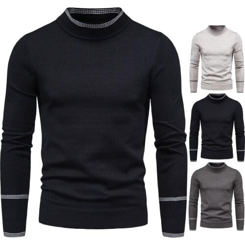 Mens Sweater Pure Color Knitting Pullover for Male Long Sleeves Semi-high Neck Casual Winter Balck Sweaters