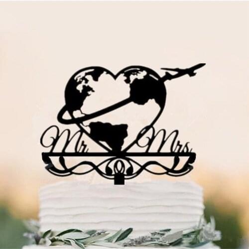 New Design World Map Wedding Cake Topper, Bride & Groom Travel World Map Mr & Mrs Cake Topper for Wedding Party Decoration