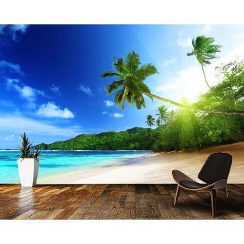 Papel de parede Sunny sea beach and palm trees natural landscape 3d wallpaper,living room bedroom wall papers home decor mural