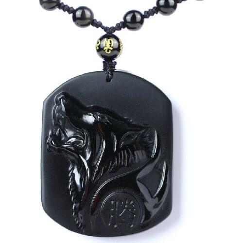Drop Shipping Black Obsidian Carving Wolf Head Obdidian Amulet pendant free necklace obsidian Blessing Lucky pendant Men Jewelry