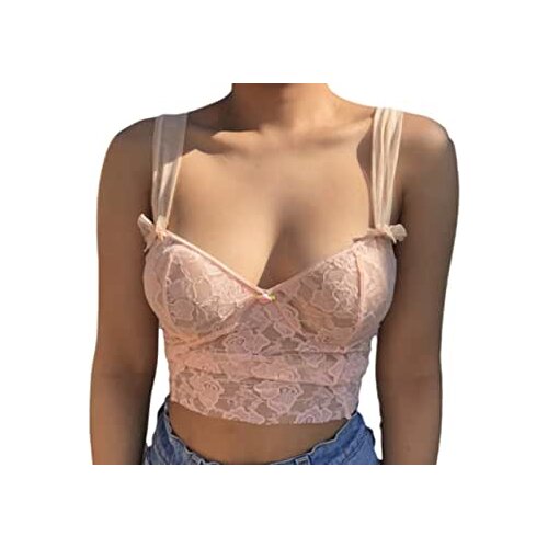 Lace Pink Y2K Aesthetic 90s Sleeveless Crop Top Women Bow Frill Ruffles Cami Tops Tees Ladies Embroidery Streetwear Summer