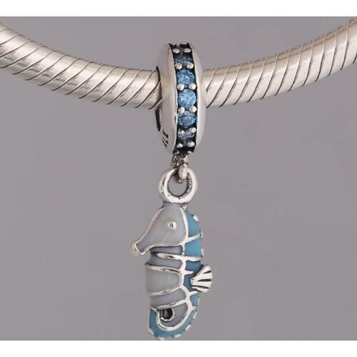 S925 Silver Pendant Bead DIY Jewelry Tropical Seahorse Dangle Charm fit Lady Bracelet Bangle Girl Gift Blue Enamel