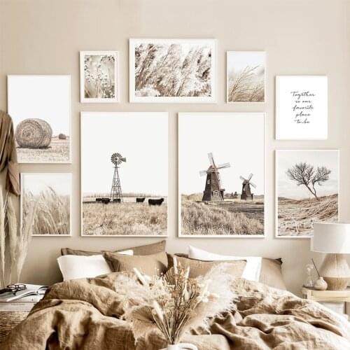 Windmill Reed Wheat Tree Autumn Landscape Wall Art Canvas Painting Nordic Posters And Prints Wall Pictures For Living Room Decor