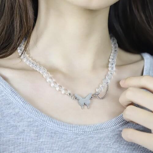 Vintage Beads Transparent Butterfly Pendant Necklace for Women Bling Chain Choker Necklace Punk Jewelry Female Gift Gothic Style