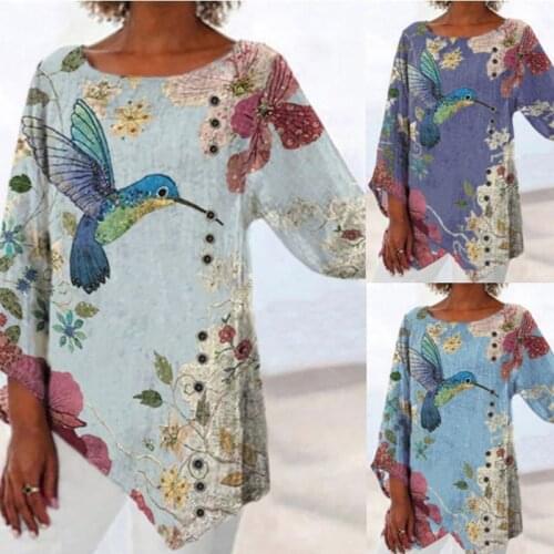 Casual Loose Plus Size Ladies Tops Round Neck Loose Hedging Printed Long-sleeved Irregular T-shirt Women Clothing 2021