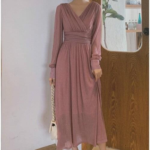 Sweet Fairy Shiny Glitter Long Dresses Women Spring Sexy High Waist Long Sleeve Elegant Party Dress Pink Red Vestidos Plus Size