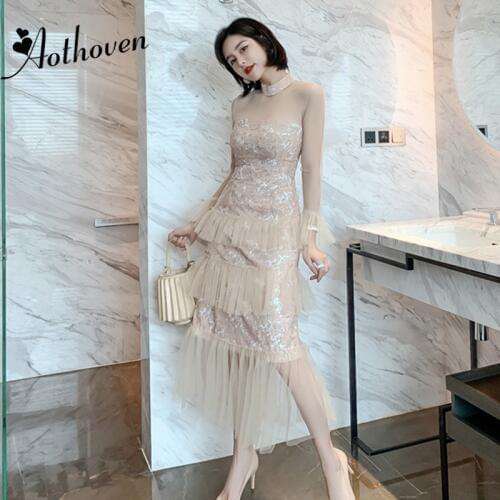 2019 Women Stand Collar Long Sleeve Dress Autumn Mesh Cascading Ruffle Dress Elegant Bandage Bodycon Party Dresses Vestidos