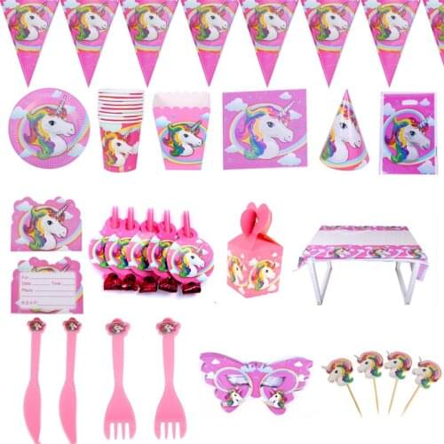173pcs/lot Unicorn Cups Plates Tablecloth Banner Gifts Bags Blowouts Invitation Cards Toppers Forks Knife Candy Box Tableware