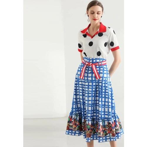 Pieces 2 Runway Fashion Sets 2021 Summer DOts Lapel T-Shirt + Blue Plaid Print Bow Long Skirt Elegant Twinsets