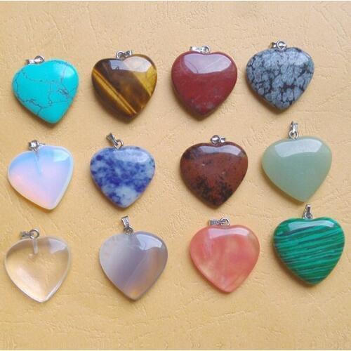 2018 Assorted mixed heart natural stone charm pendants for jewelry making High Quality 25mm 12pcs/lot Wholesale free shipping