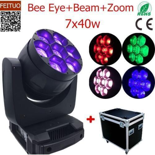 4pcs+flight case LED Beam Zoom Moving Head Light 7x40w Bee Eye Stage Light RGBW 4IN1 DMX512 Disco Light for Party Show Club