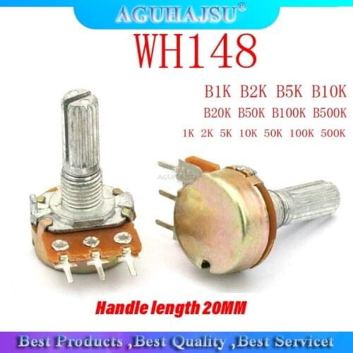 5pcs WH148 B1K B2K B5K B10K B20K B50K B100K B500K 3Pin 20mm Shaft Amplifier Dual Stereo Potentiometer 1K 2K 5K 10K 50K 100K 500K