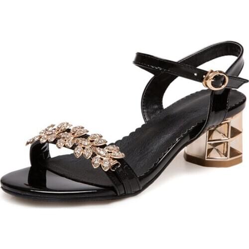 Black/Golden Rhinestone 5cm Heel Women Sandals Summer Ladies Shoes Elegant Dress Shoes Woman Plus Size 34-43 XKD4245