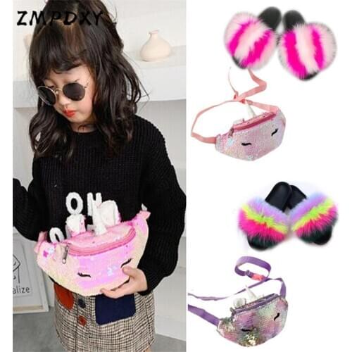 Childrens Cartoon sequins Bling Purse Waist Packs Kids Real Fox Fur Slippers Cute Baby Fanny Pack Bag Shoes Sets Girls Sandals