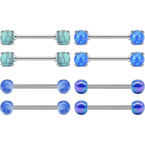 Surgical Steel Nipple Rings Barbell Nipple Bar Piercing for Women Double Front Facing Gem Synthesis Marble Stone Opal Design