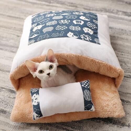 Winter Warm Pet Dog Cave Bed Soft Fleece Washable Removable for Cat Puppy Japanese Style Sleeping Bag Cushion House