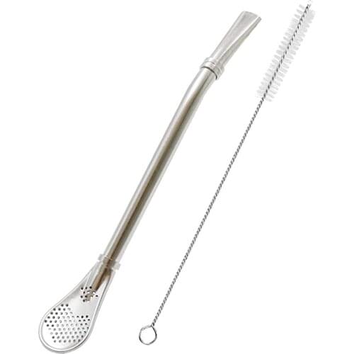 Stainless Steel Straw Spoon with Filter,Yerba Mate Bombilla,Long Handle Tea Strainer with Cleaning Brush,Drinking Loose Leaf Tea