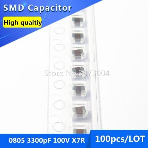 100pcs 0805 3300pF 3.3nF 100V X7R 10% Thick Film Chip Multilayer Ceramic Capacitor