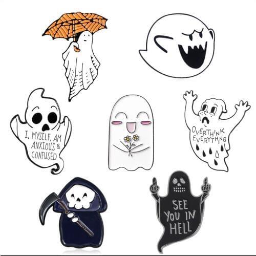 Cartoon Fun Halloween White Black Ghost Skeleton Flower Enamel Brooch Alloy Badge Cowboy Clothes Bag Pin Punk Jewelry Gift