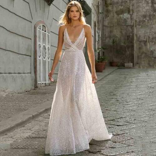 Eightree V-Neck Boho Wedding Dresses Backless Glitter Sequine A-Line Beach Bridal Gowns Sleeveless Evening Long Bride Prom Dress