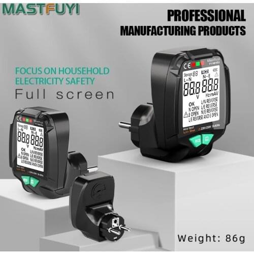 Mastfuyi FY1881 Full Screen Socket Tester Ground Zero 30V-250V AC Voltage Tester RCD Test Plug Polarity Phase Check EU/US/UK
