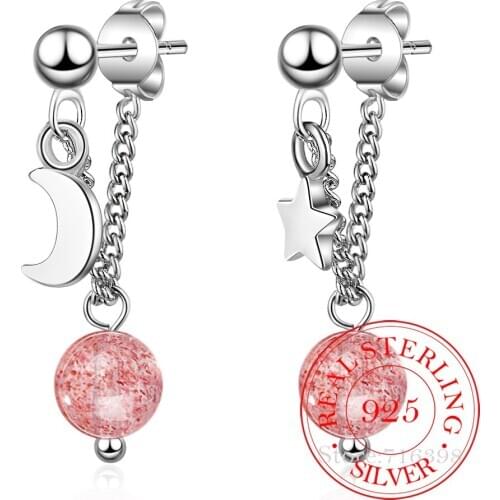 Sweet 925 Sterling Silver Earrings For Women Natural Strawberry Crystal Star Moon Earrings Prevent Allergy pendientes brincos