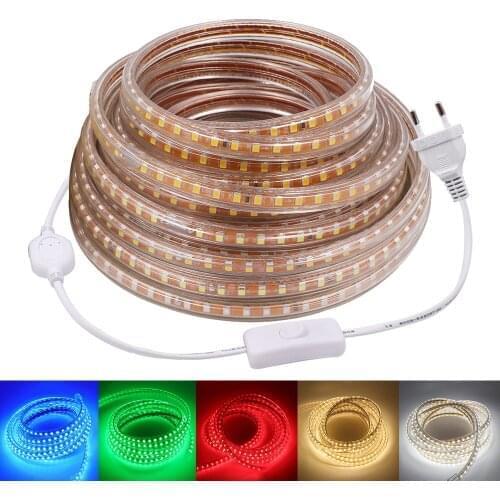 SMD 2835 LED Strip 220V Waterproof With EU Switch 120 LEDs/m Ribbon Tape Flexible LED Light