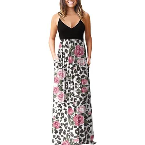 V-neck Pocket Dresses For Women 2021 Casual Floral Printing Beach Long Maxi Loose Dress V-neck Empire Robe Femme Loose Sundress
