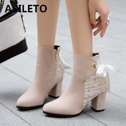 ASILETO Ankle boots for woman Patchwrok Round toe Bowtie Female Zipper 2022 New Spring Autumn High heels boots Warm Cool S2405