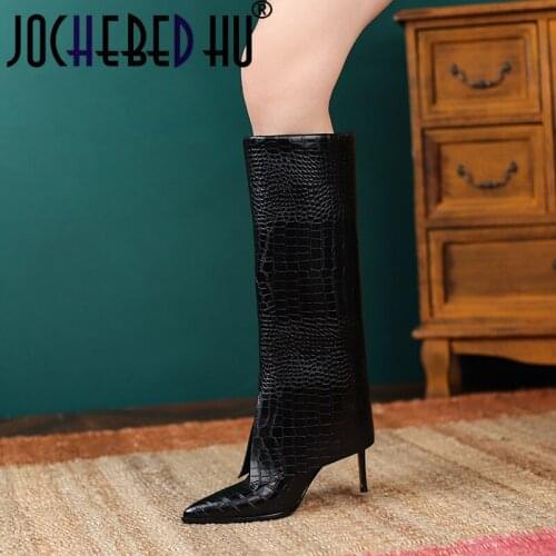 【JOCHEBED HU】brand designer shoes wedge high autumn winter knee high boots woman pointed toe runway boots leather cowboy