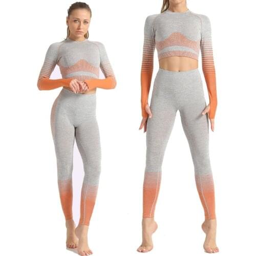Womens 2 Piece Seamless Workout Set Long Sleeve Thumb Hole Crop Top with High Waist Butt Lift Leggings Stripes Fitness Tracksui