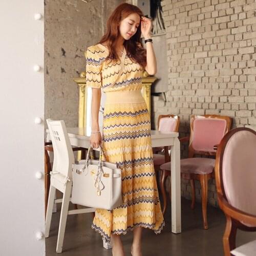 2021 Summer Knitted 2 Pieces Set Women Sexy V-Neck Vintage Wave Striped Pullover Sweater + Midi Pleated Skirt Sweater Suits Set