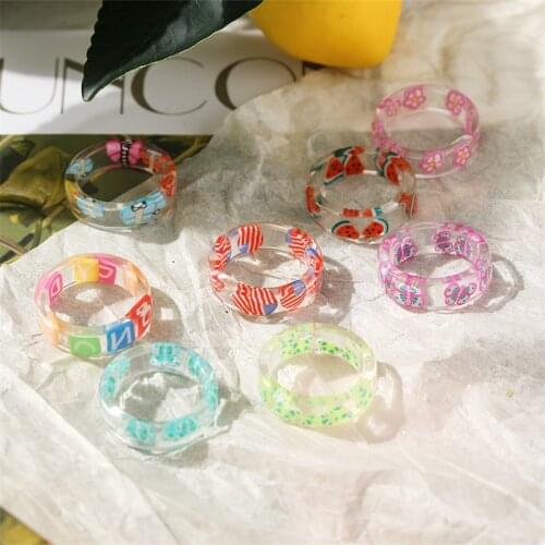 IF ME Boho Simple Summer Fruit Butterfly Flower Transparent Resin Acrylic Rings for Women Girls Watermelon Finger Ring Jewelry