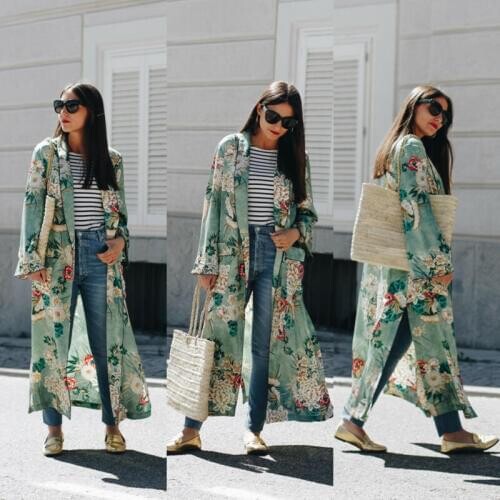 Hirigin Women Autumn Floral Long Coat Boho Long Sleeve Casual Loose Cardigan Beach Floral Long Tops Coat Plus Size S-3XL