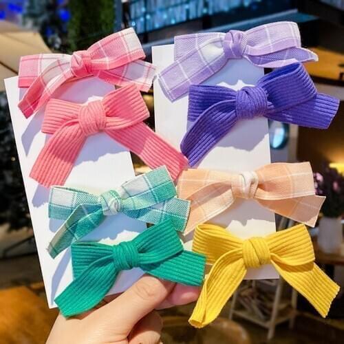 2 Pcs/Set Children Cute Candy Lattice Bow Ornament Hair Clips Girls Lovely Cotton Barrettes Hairpins Kids Sweet Hair Accessories