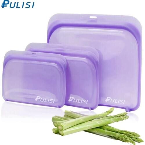 3Pcs/Set Silicone Reusable Food Bags Airtight Ziplock Snack Bag Microwave Dishwasher Freezer Safe Fresh Storage Bag Purple