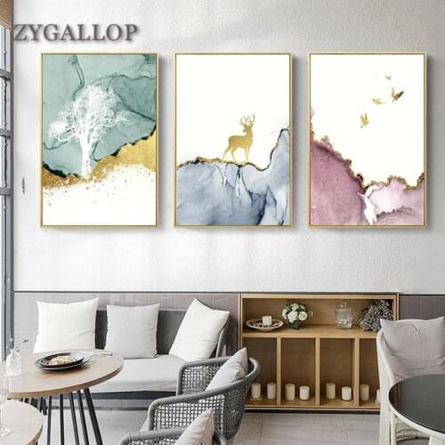 Abstract Golden Deer Forest Canvas Print Painting Nordic Wall Art Pictures for Living Room Modern Home Decor Posters and Prints