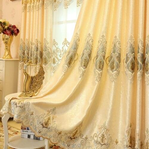 European Luxury Yellow Crown Embroidered Curtains for Living Room Bedroom Study Heigh Shading Curtain Tulle Windows Home Custom
