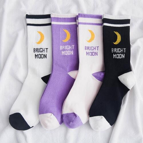 Bright Moon Cotton Socks Korean Harajuku English Letter Chaussette Femme Funny Socks Hip Hop Skateboard Crew Sokken socks cheap